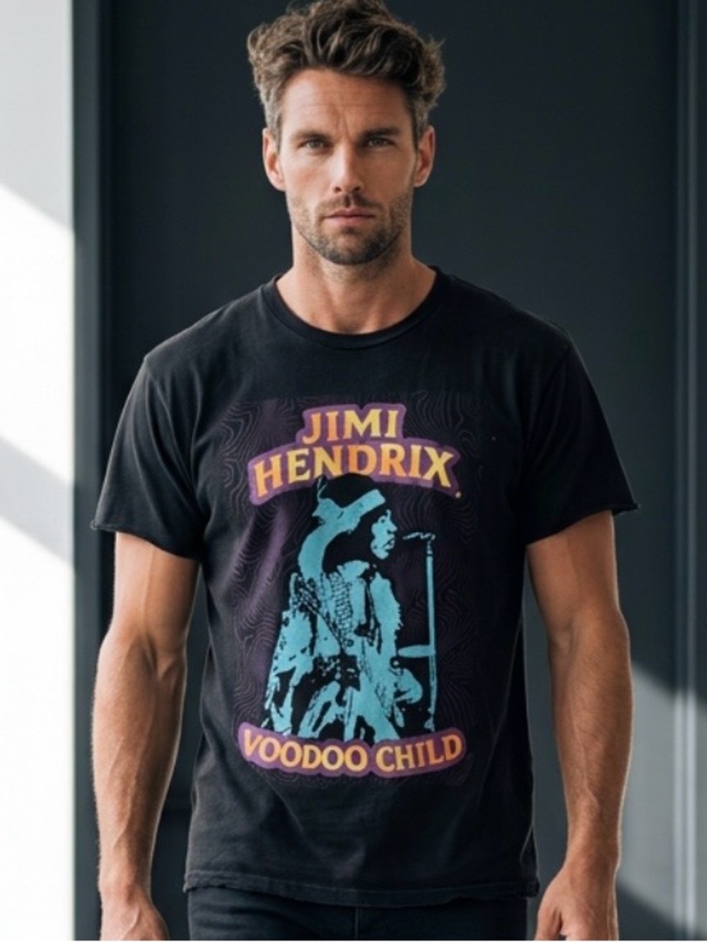 2 for $30 | Jimi Hendrix Graphic Black Distressed Raw Edge Sleeves T-Shirt